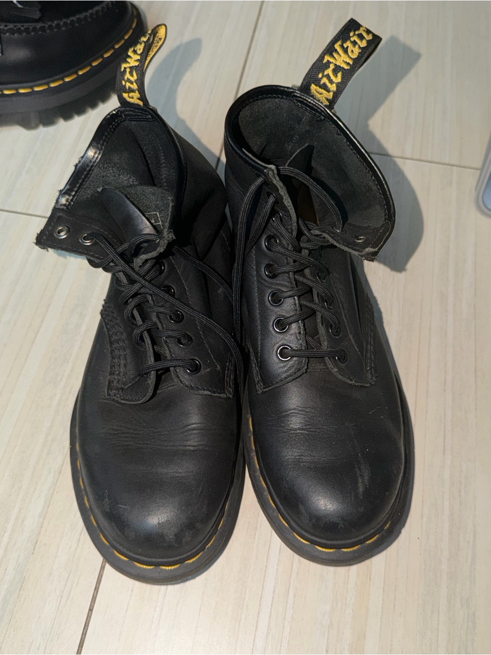 Dr. Martens Black Leather Lace-Up Boots with Yellow Stitching